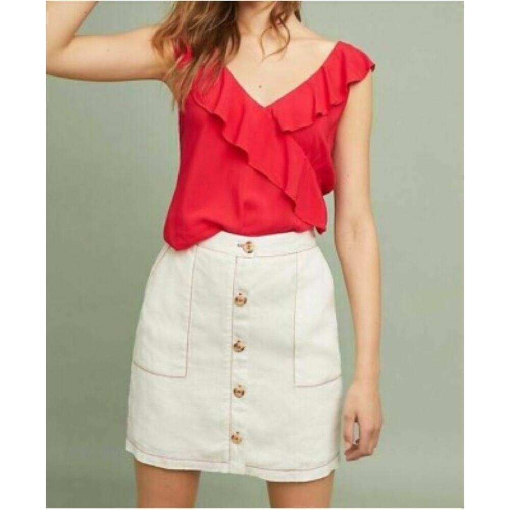 Anthropologie Amadi Jupe Button Front White Cotton Linen Mini Skirt XS